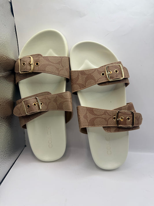 Beige & Tan Double Strap Coach Slides